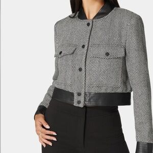 Bebe Black and White Herringbone Bomber Jacket